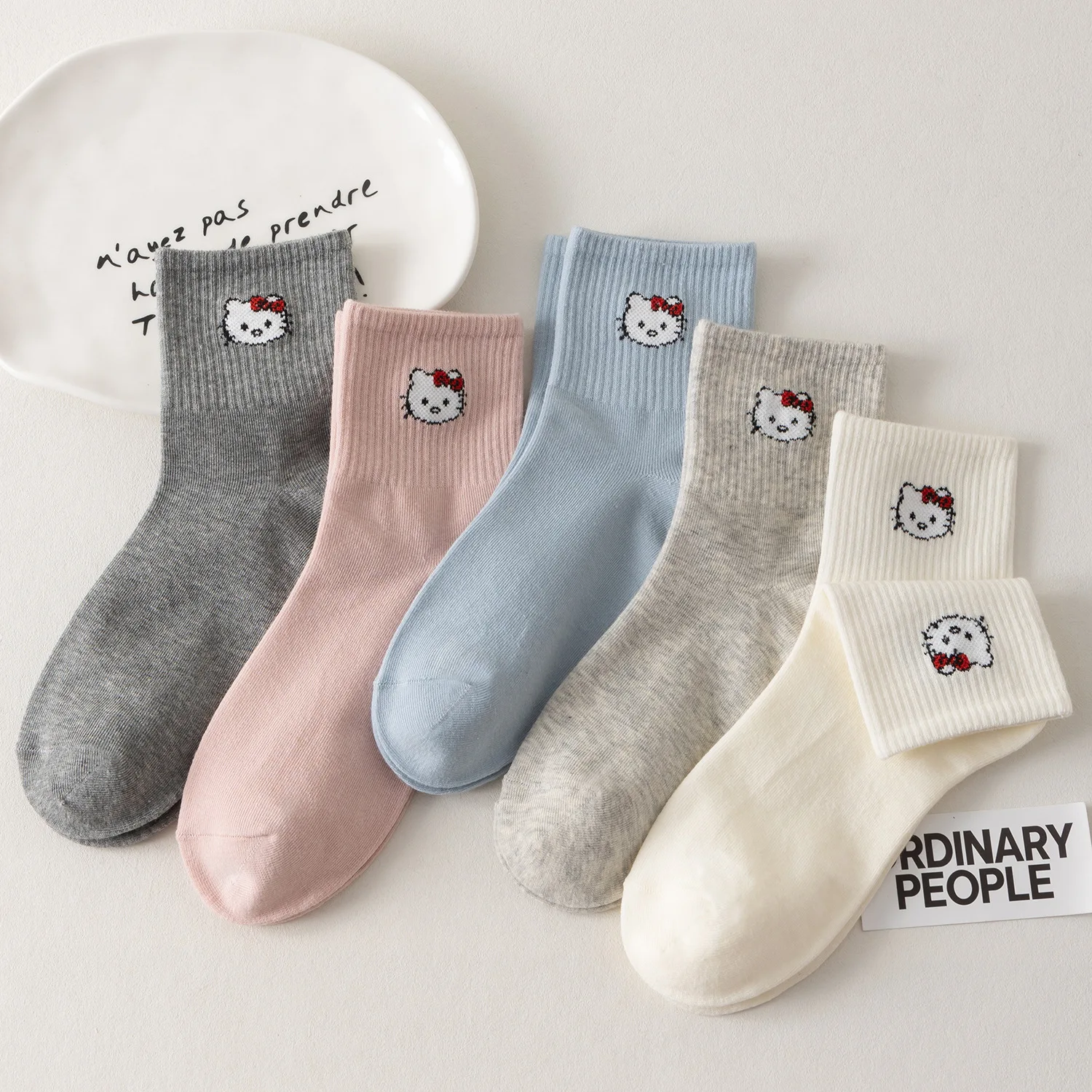 

10 Pairs for HelloKitty Women Mid-Tube Socks Comfortable Soft Solid-colored Socks Cartoon Gift for Girl