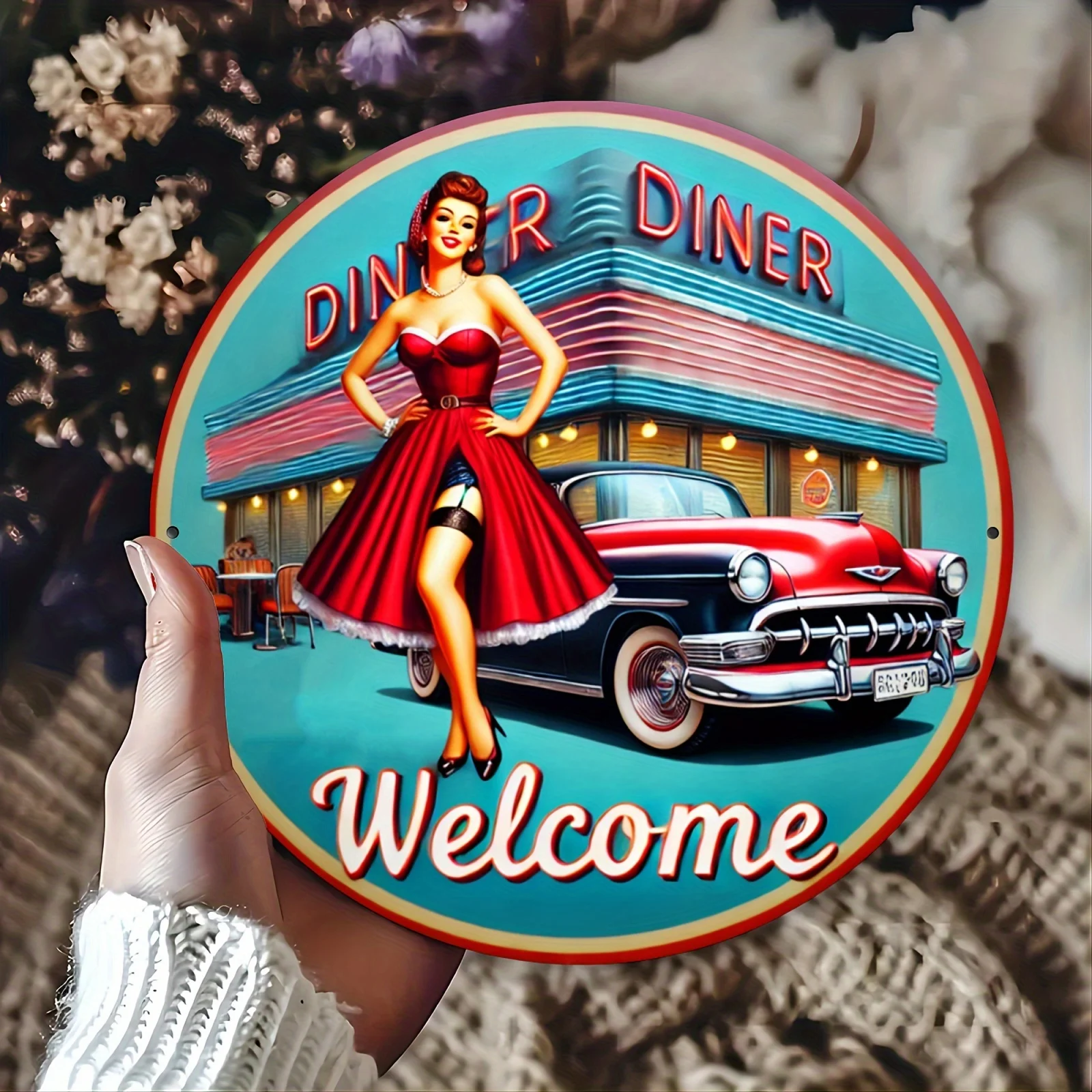 Letrero redondo American Diner, decoración de restaurante retro con coche rojo y camarera, perfecto para el hogar, arte de pared vintage | Arte de pared duradero