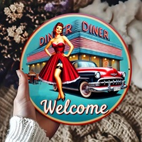 American Diner Round Sign, Retro Restaurant Decor with Red Car & Waitress, Perfect for Home,Vintage Wall Art | Durable Wall Art