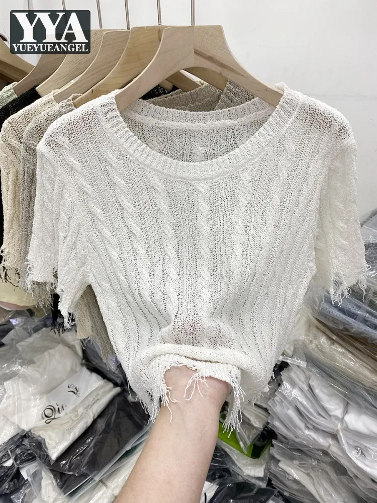 

Summer Women Sexy Thin Knitted Short Sleeve T-Shirt O Neck Tassels Slim Fit Short Tops Pullover Breathable Knitwear Tees Tops