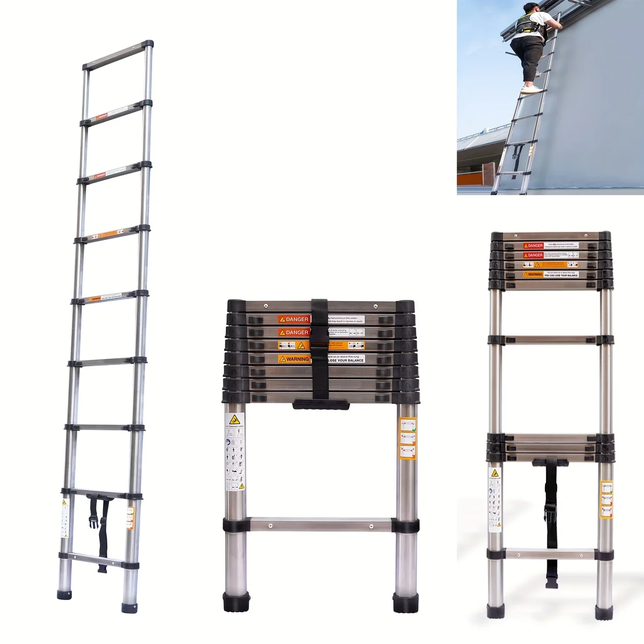 Escalera telescópica multiusos de 2.6/3.2/3.8/4.4M de acero inoxidable, capacidad de carga de 330LB, compacta, plegable, antideslizante, EN131, para interiores y exteriores
