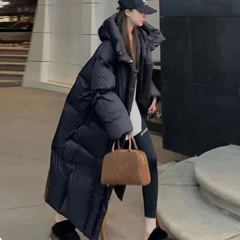 Winter Feste Lange Mit Kapuze Unten Jacke Weibliche Dicke Warme Outdoor Parka Outwear Frauen Weiße Ente Unten Lose Knie Länge Unten Jacke