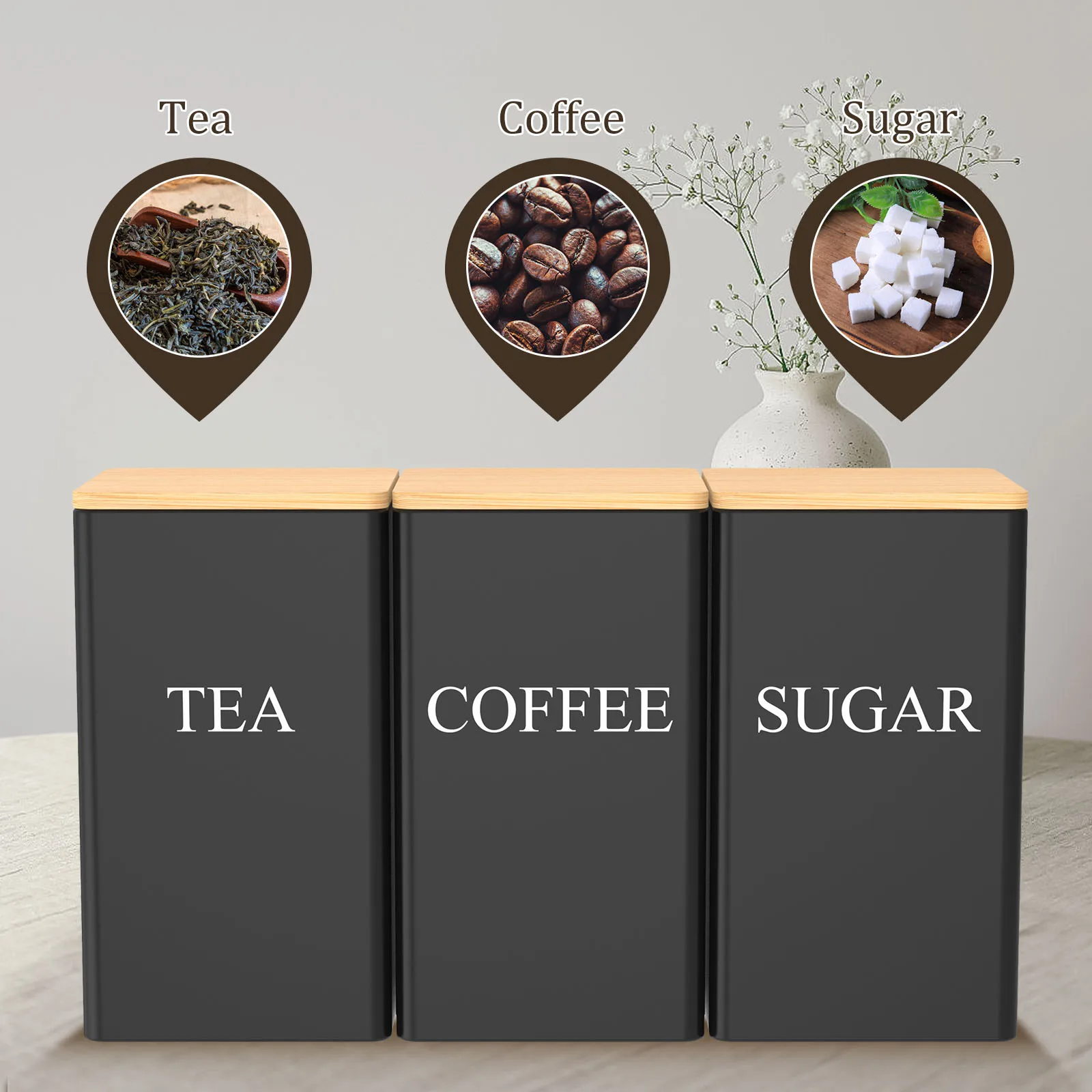 3Pcs Coffee Bean Storage with Bamboo Lid Metal Coffee Tea Sugar Container Name Marker Storage Jar Kitchen Storage & Organization