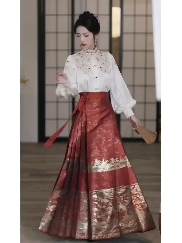 Conjunto de camisa hanfu chinesa de grandes dimensões e saia de rosto de cavalo, roupas femininas plus size, camisa de alta qualidade, ouro vermelho, conjunto de saia de rosto de cavalo