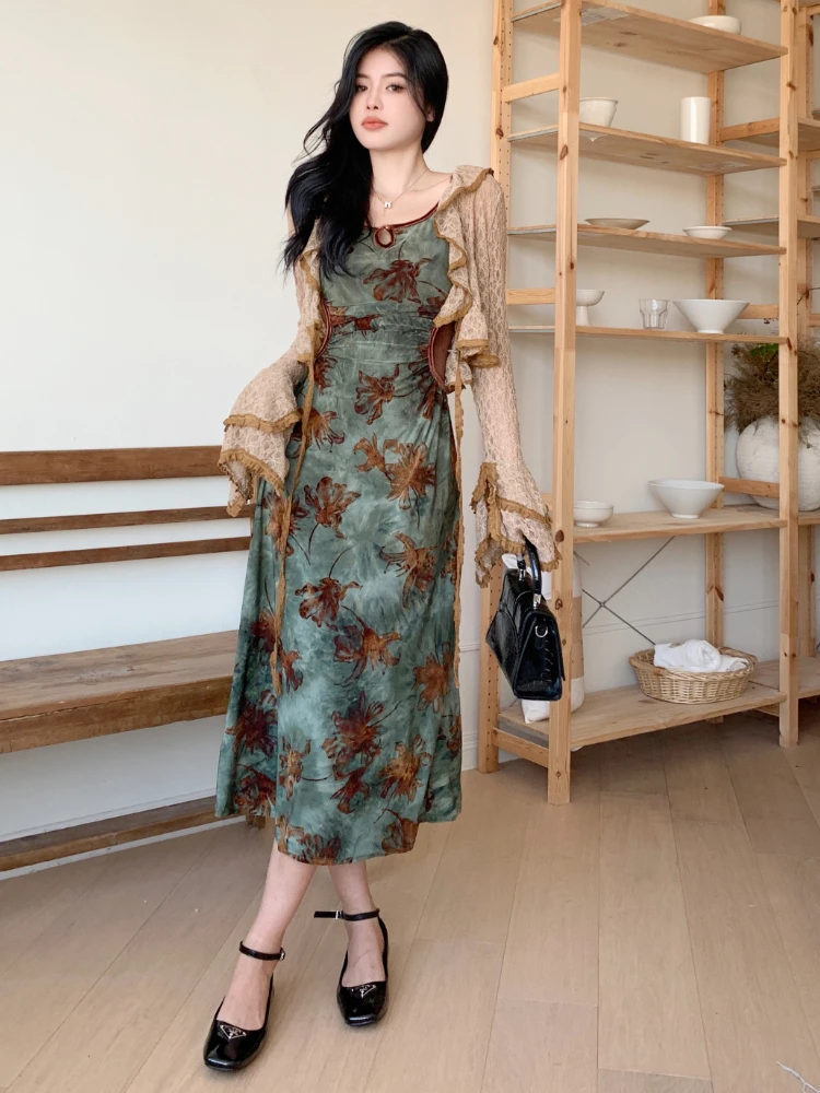 Vintage Elegant Floral Slip 2 Piece Sets Women Hollow Out Y2k Designer Velvet Long Dress Female Korea Fashion Chic Clothes 2024