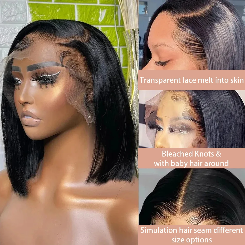 Bone Straight Short Bob Wig 200% Density 13x4 Transparent Lace Front Wigs 4x4 Lace Frontal Wig Brazilian 100% Human Hair 14 Inch