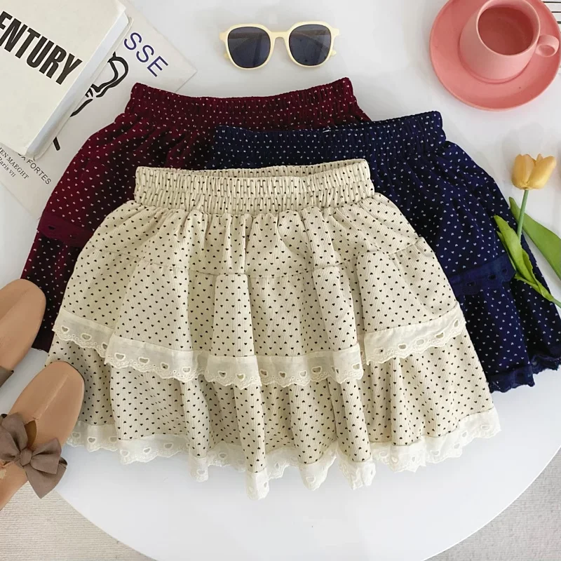 

Sweet Love Print Corduroy Mini Skirt Women Spring Ruffle Hook Flower Fluffy A Line Skirts Fashion Elastic Waist Faldas