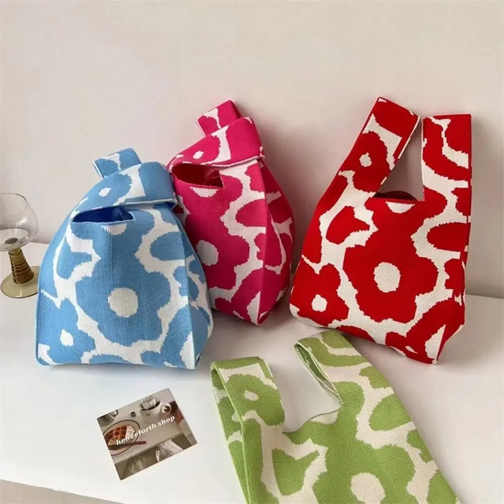 

Simple Trendy Weave Cosmetic Bag Storage Bag Flower Printing Handmade Knitted Bag Wrist Bag Shoulder Bag Women Tote Bag