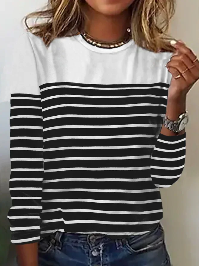 2025 Women's Long-sleeved T-shirt Striped Two-color Printed Spliced O-neck Fashion Top Basic Casual Tees