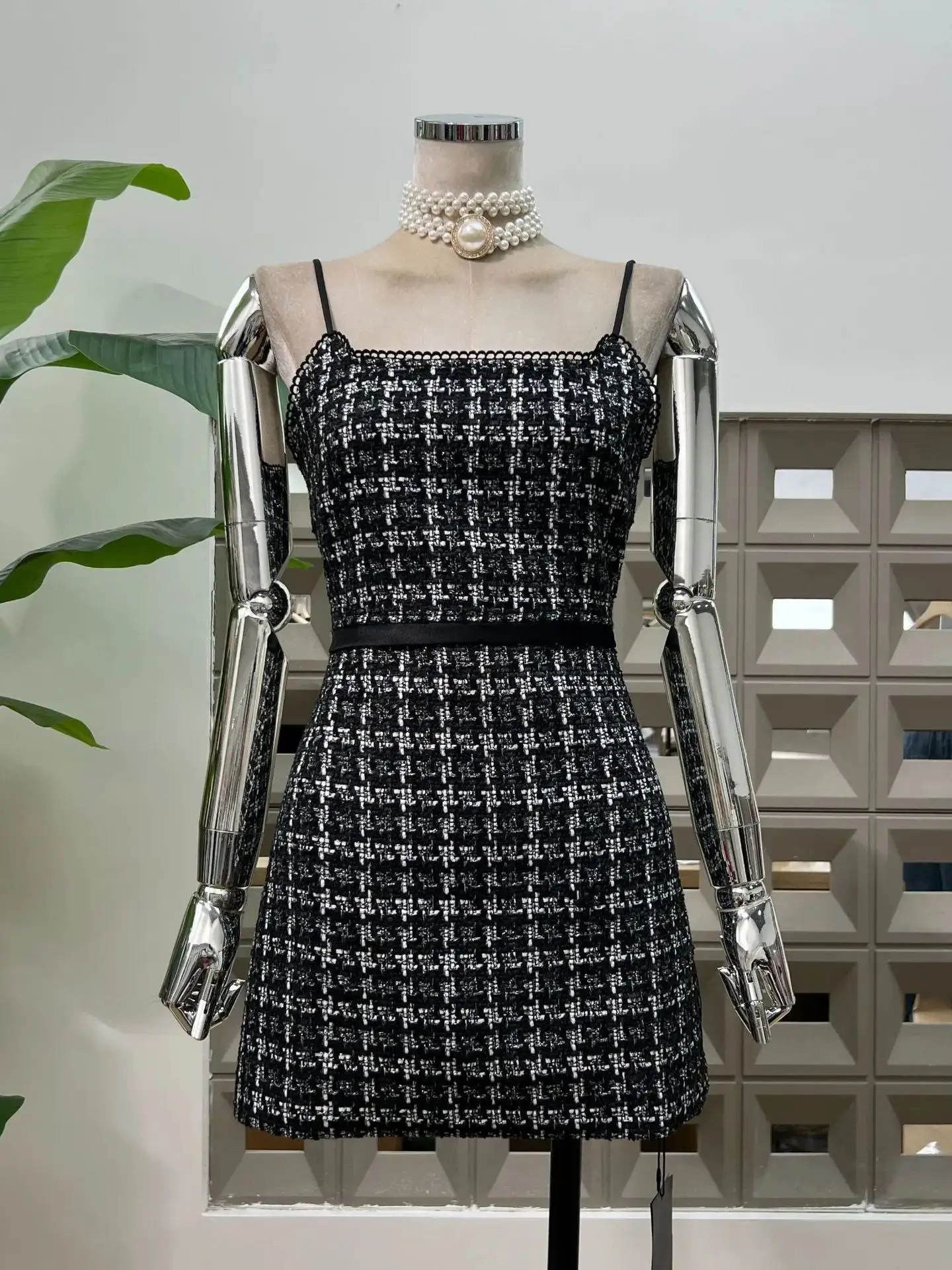

Chic Vintage Plaid Knit Slimming Strappy Women's Mini Dresses Summer New Fashion Style Elegant Bodycon Birthday Party Prom Gown