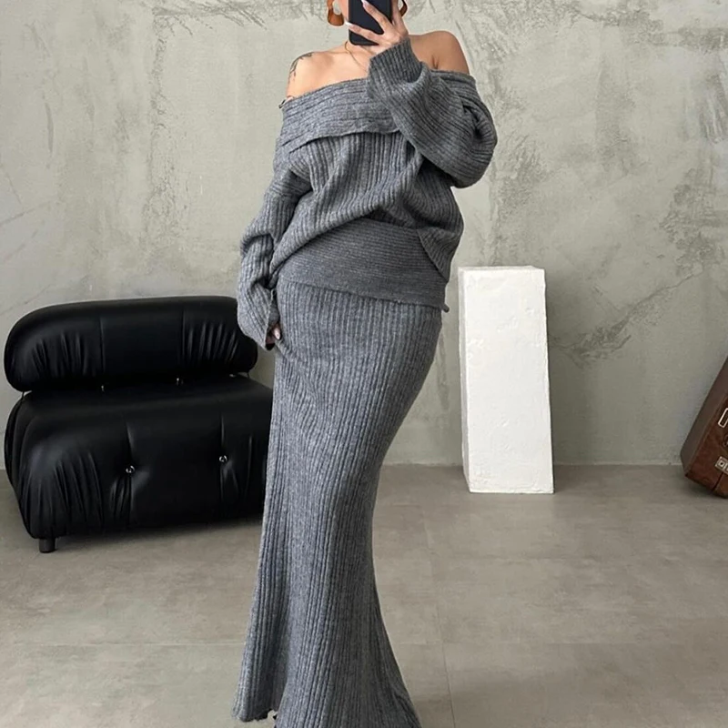 Elegant Long Sleeved Slim Knitted Suit 2024 Autumn Winter Warm Women Outfit Casual Off Shoulder Sweater Top + Skirt 2 Piece Set