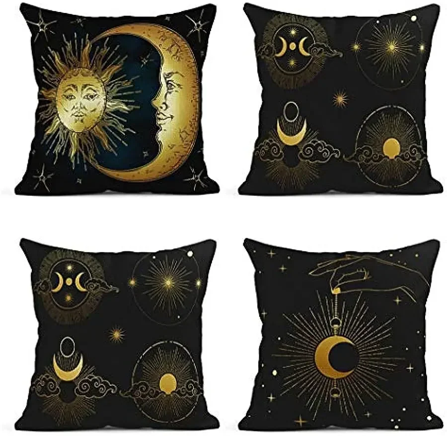 Throw pillowcase gold sun, crescent moon and stars black decorative linen pillowcase home décor square pillowcase