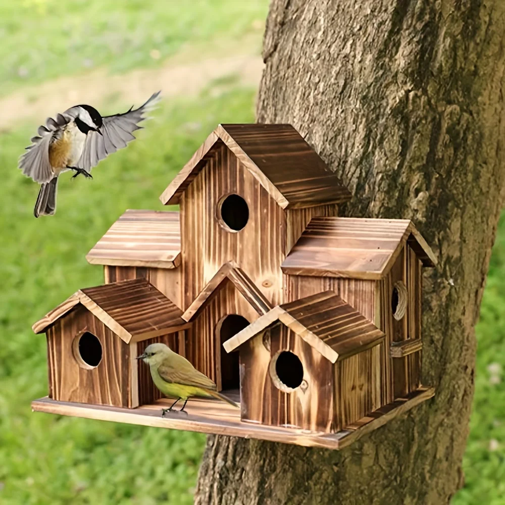 

Outdoor Garden Birds Villa Nest, Wooden Bird House, Decorative Hanging Feeder, Natural Wood, Rural Bird Home Decoration