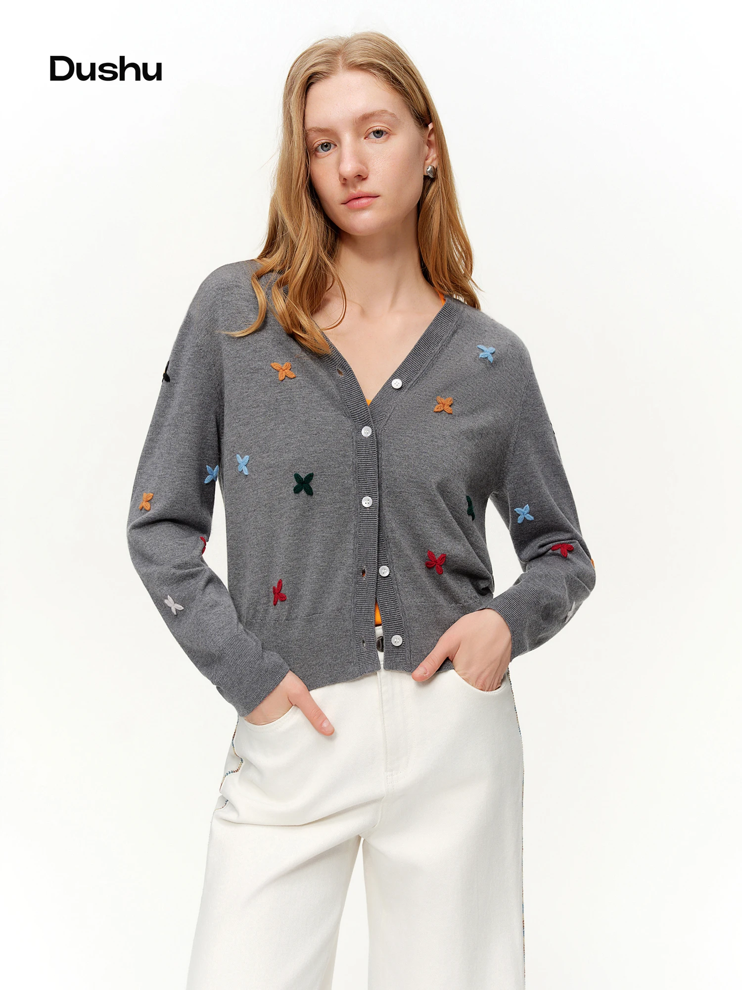 

Весенний женский вязаный кардиган DUSHU 2026 с цветочным узором и V-образным вырезом, кружевная накидка Y2K с открытым передом, легкая весенняя куртка