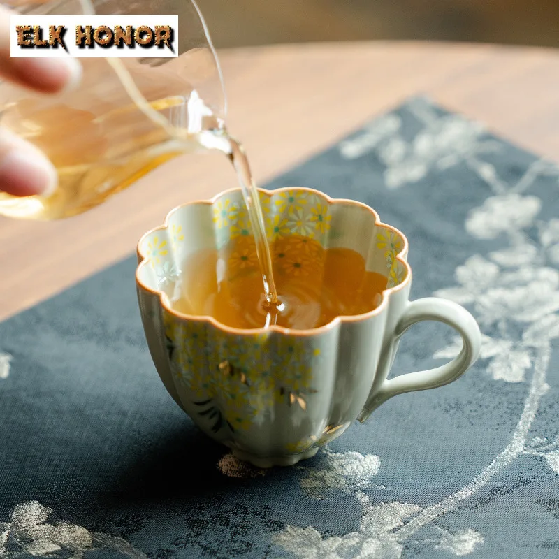 115ml Ru Kiln Hand-painted Small Daisy Teacup With Handle Zen Tea Bowl Jug Tea-tasting Fragrance Cup Chazhan Master Cups Cafes
