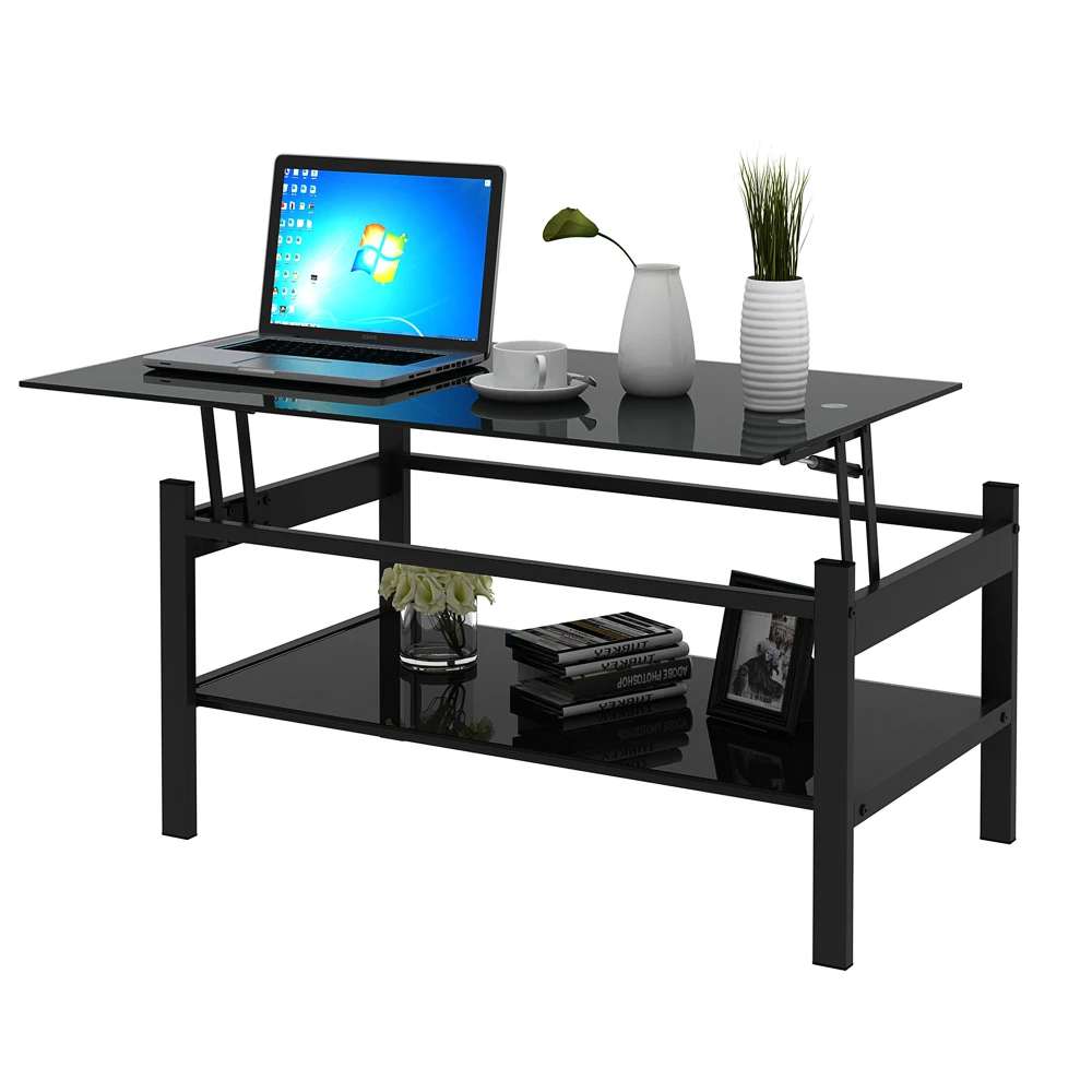Mesa de centro elevatória de vidro moderna simples mesa de centro de vidro temperado de 2 camadas para sala de estar preta