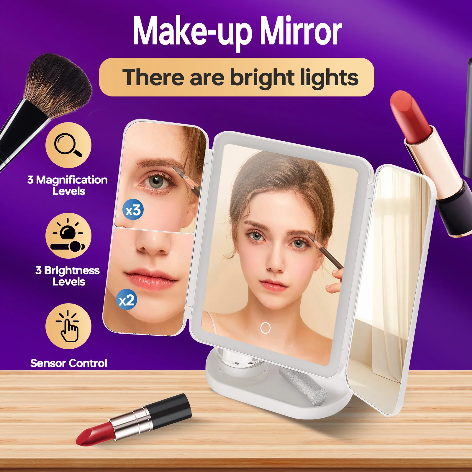 

Matte Finish Tri-Fold LED Makeup Mirror with Adjustable Brightness, Available in White and Pink