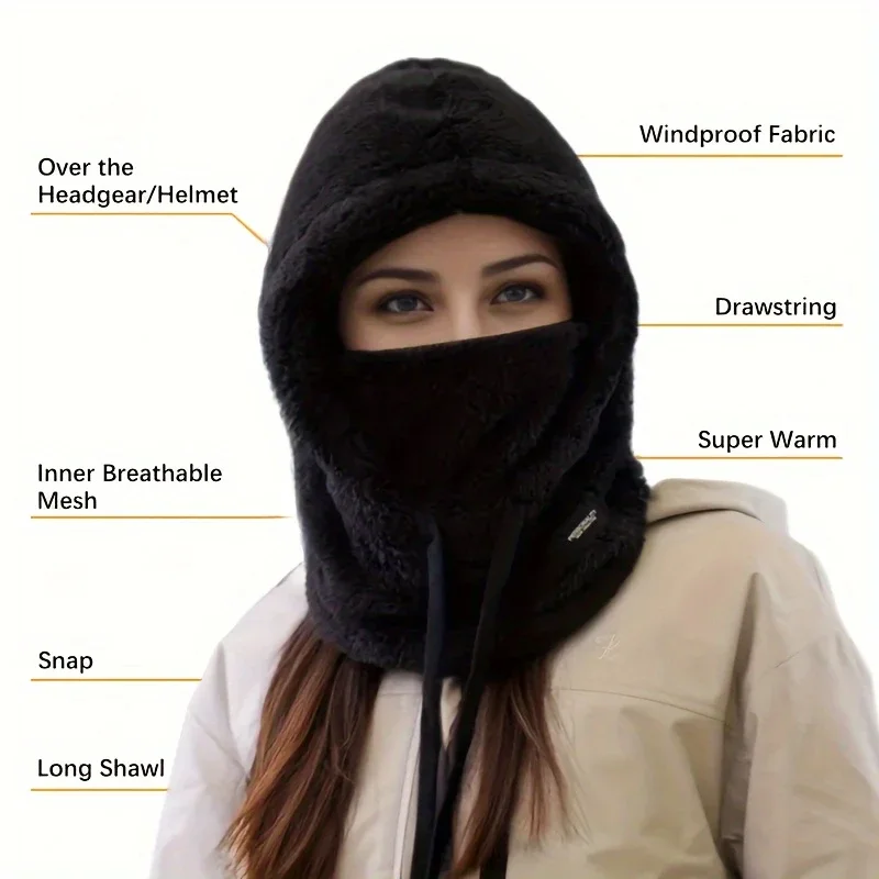 SSUNTAK Unisex Winter Fuzzy Balaclava Hat Scarf Mask 3‑in‑1 Fleece Thick Warm Hooded Hat Windproof for Ski Cycling Outdoor Sport