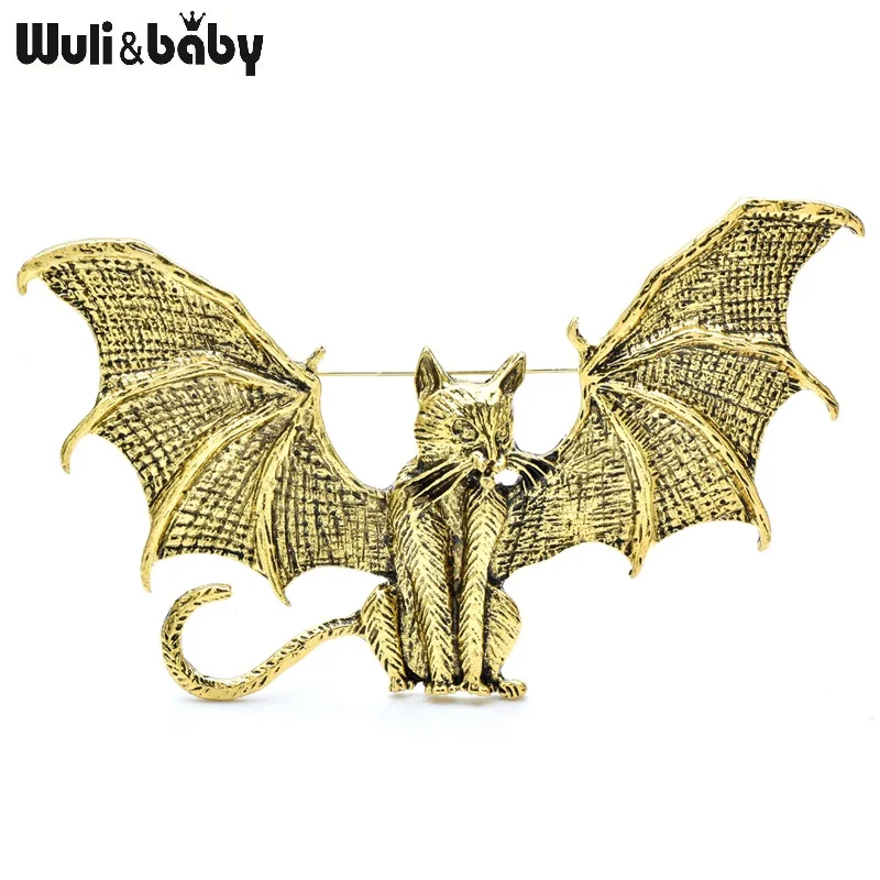 Wuli&baby Vintage With Wings Cat Brooches For Women 2-color Metal Flying Cat Elf Party Casual Brooch Pins Gifts