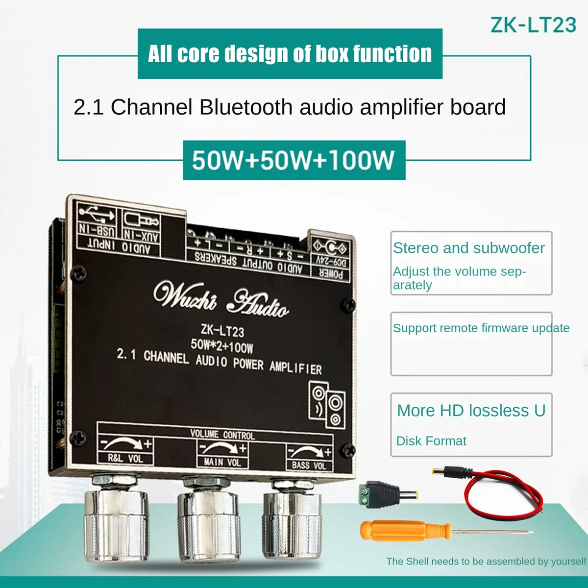 ZK-LT23 Bluetooth Audio Amplifier Board with DC Cable 2.1 Channel 50Wx2+100W Subwoofer TWS True Wireless Audio Module