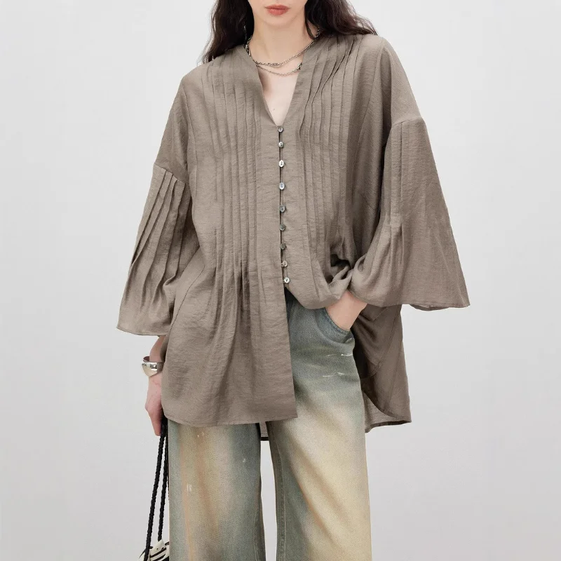 

Spring Pleated V-neck Shirts Women Loose Niche Blouses Light Thin Cardigan Jacket Literary Retro Clothing White Linen Gray Tops