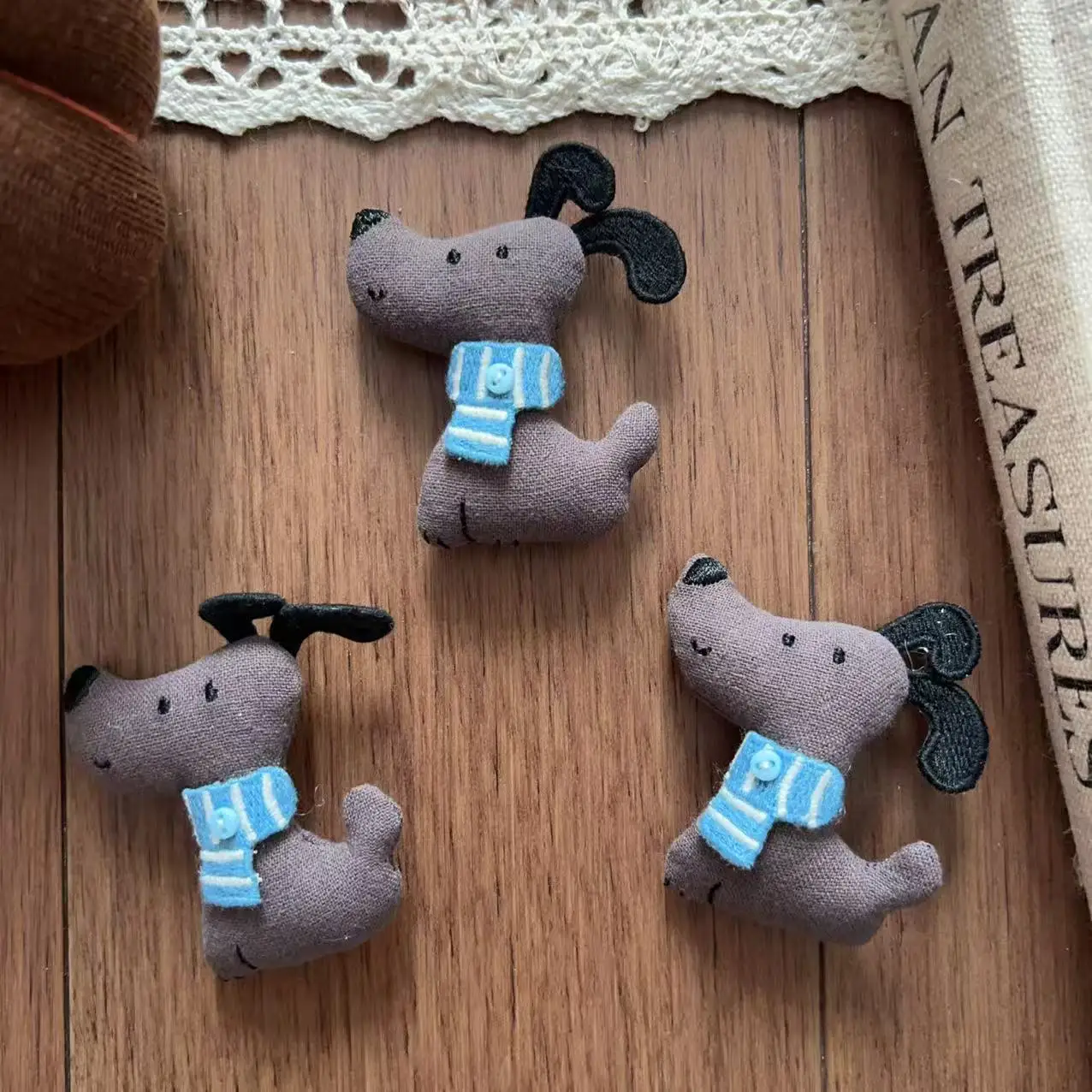Premium Soft Stuffed Cotton Dog Blue Scarf Hair Pin Brooch for Shoes Socks Hat Clothing Accessory Embellishment Cute