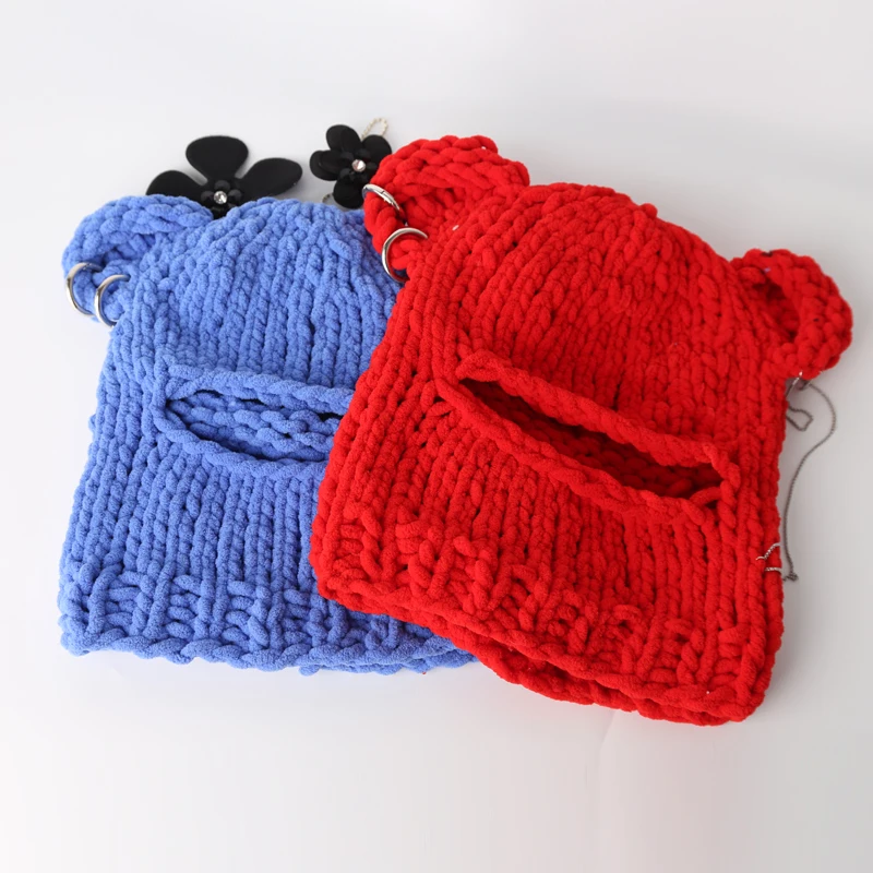 2023 Novelty Bear Ear Balaclava Beanies Chain Outdoor Ski  Winter Hat for Women Ear Protection Knitted Hat