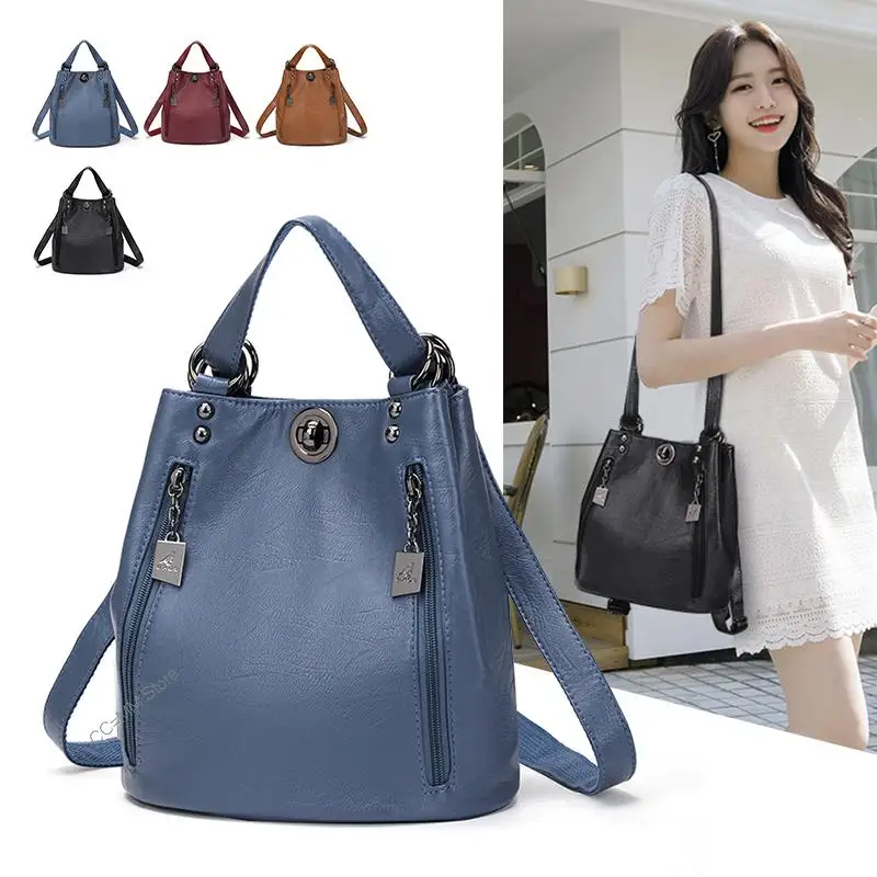 Brand Woman Backpack High Quality Leather School Bags Moto Style Women Backpacks Vintage Soft Lady Bucket Shoulder Bags