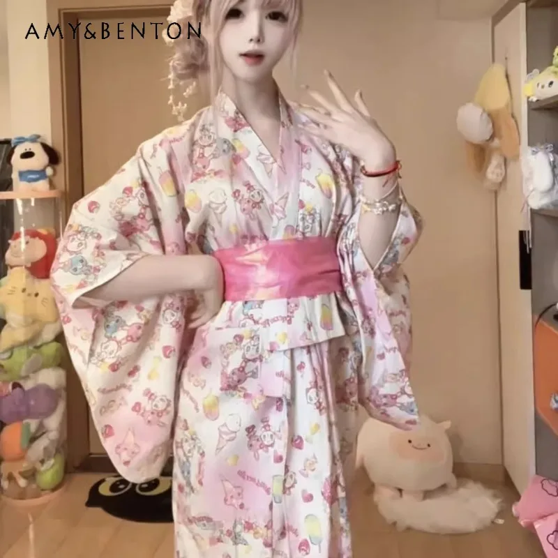 

Japanese Two-dimensional Kimono Sweet and Cute Cartoon Print Long Wide Cuff Belt Waist Dress Women