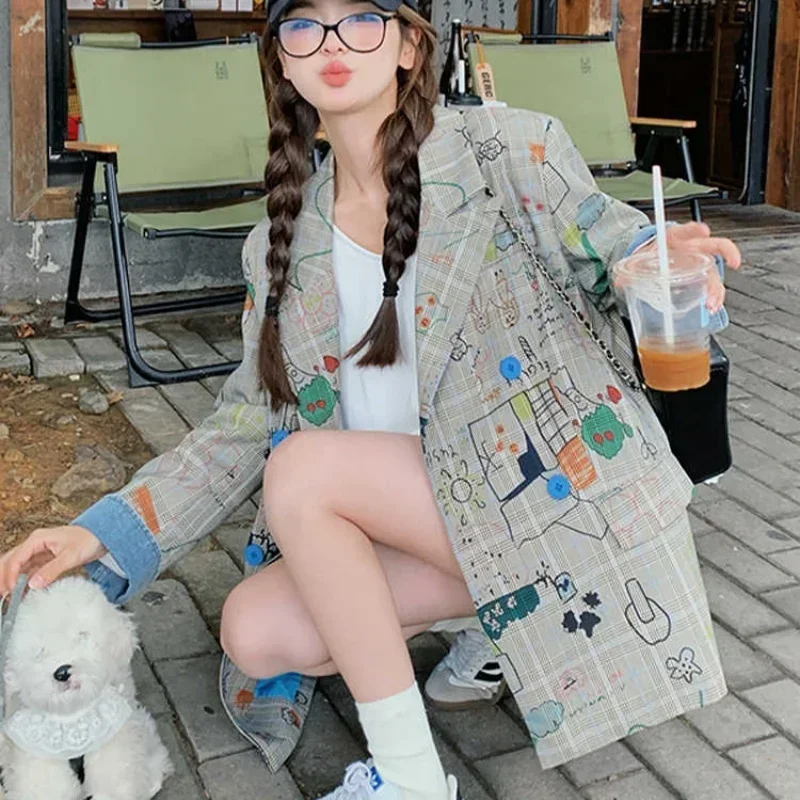 High Street Y2K Design Graffiti Plaid Blazer Jacket Loose Tailored Coat Women Casual Funny Cartoon Clothes Harajuku New Autumn