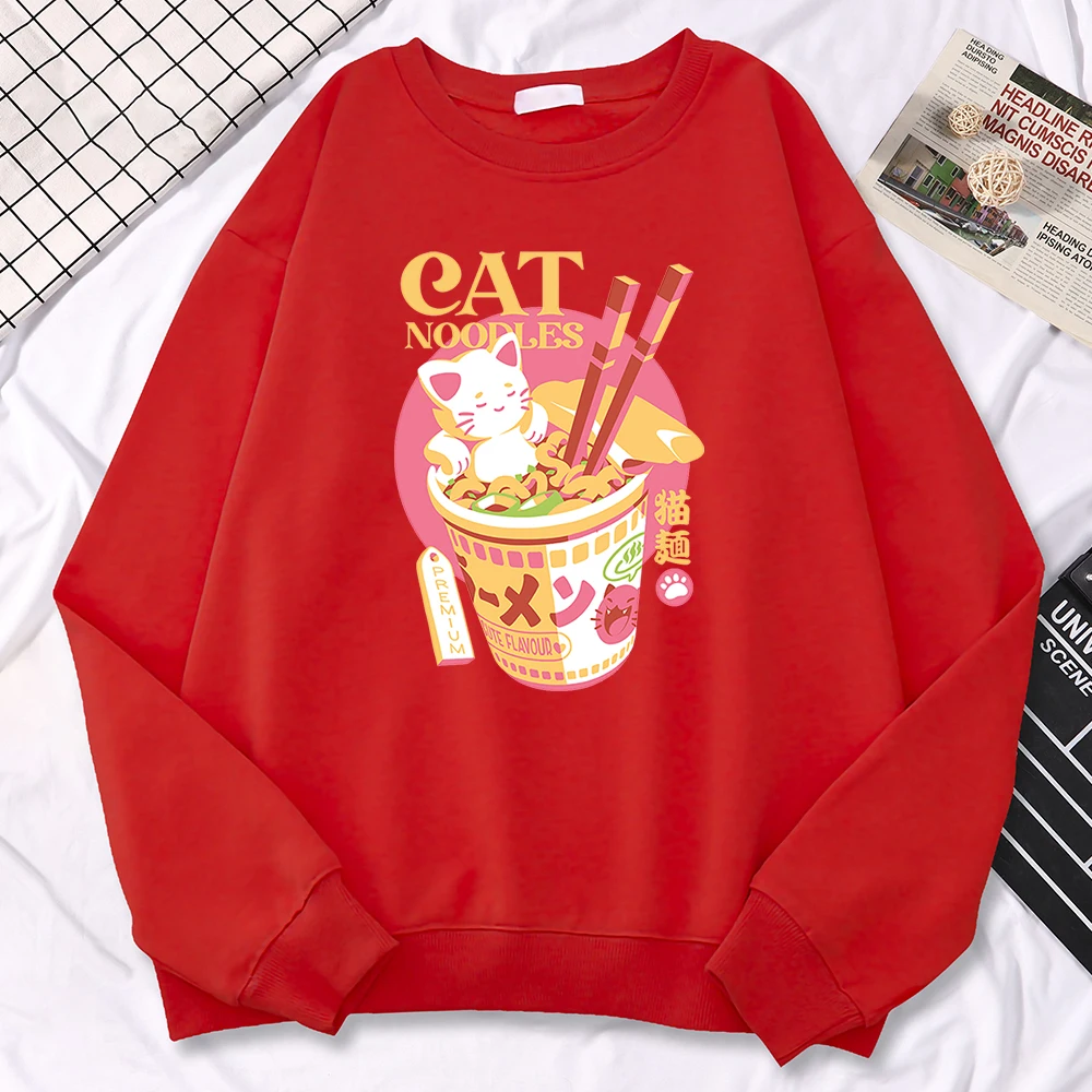 Simple Trend Womens Sweatshirts Japanese Cat Noodles Premium Print Hoodies Fleece Soft Pullovers Loose Warm Female Sportswears