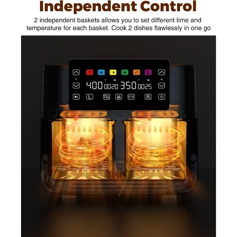 Air Fryer with 2 Baskets 8 QT, JOYAMI Dual Basket AirFryer with Sync-Finish Function, Nonstick and Dishwasher Safe