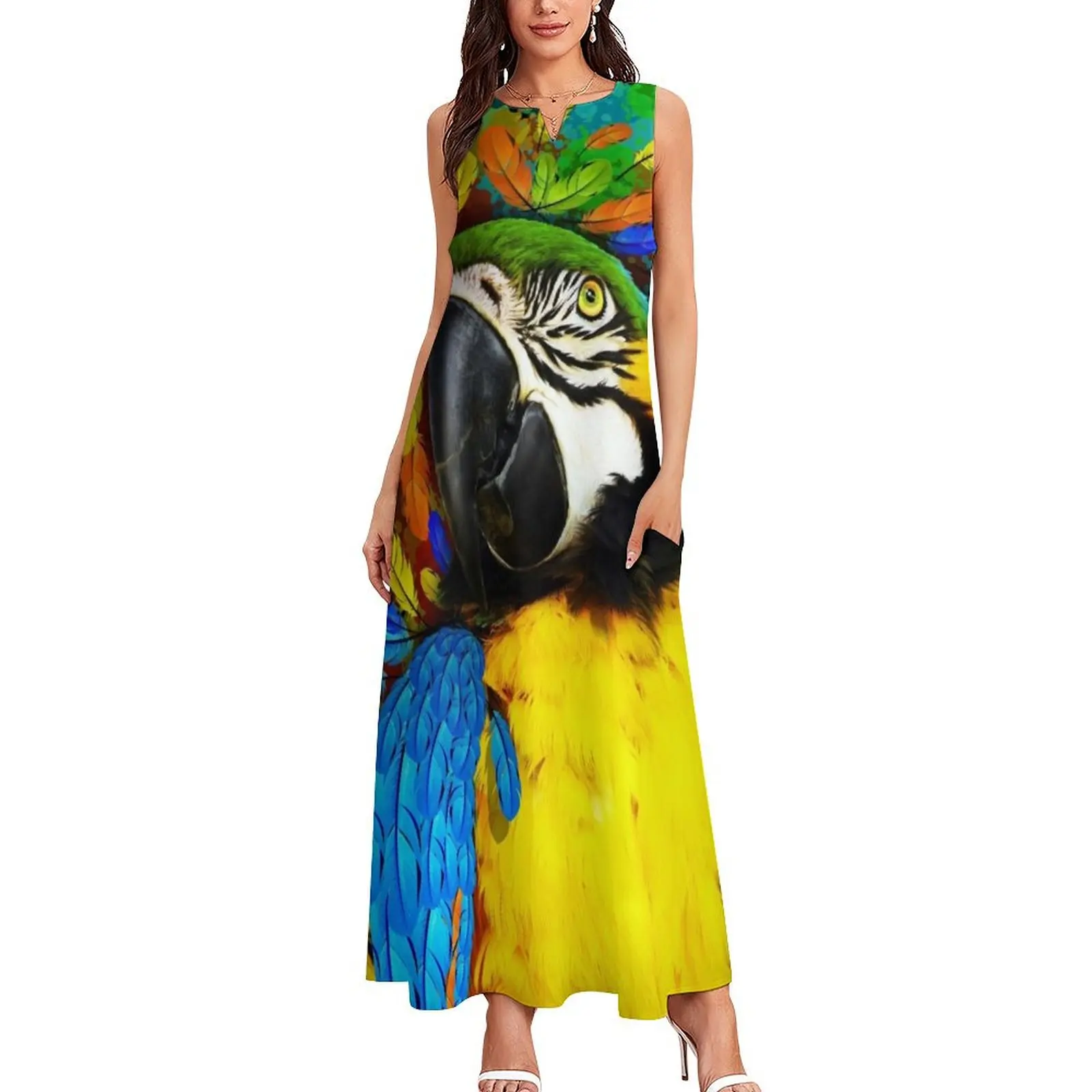 Gold and Blue Macaw Parrot Fantasy Long Dress prom dress Women's dresses Dress