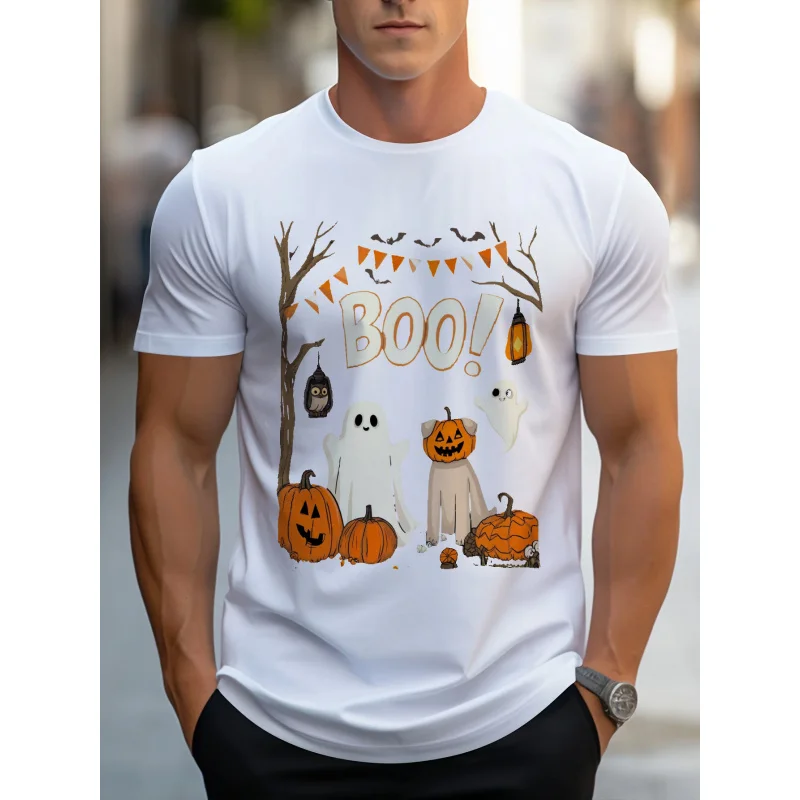 Men's White T-Shirt Halloween BOO! Ghost Pumpkin Bats Printed Pattern High Quality Cotton 180g