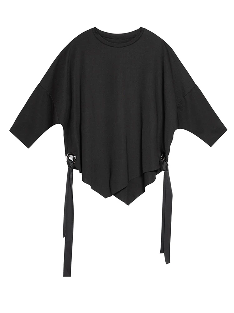 [EAM] Women Black Ribbon Big Size T-shirt New Round Neck Three-quarter Batwing Sleeve Fashion Tide Spring Autumn 2024  1DF8422