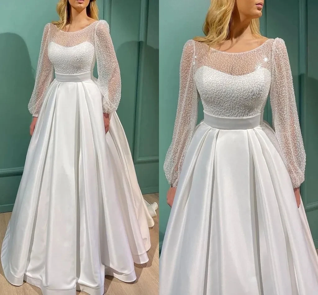 Vestido de casamento feminino com parte superior de lantejoulas, comprimento do chão, mangas compridas, vestido de noiva formal, linha A, branco, novo, simples, 2021