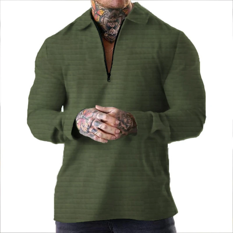 New Men's  Coat Waffle Solid Zipper Long Sleeve Jacket Personalized Trend Casual Polo Cardigan