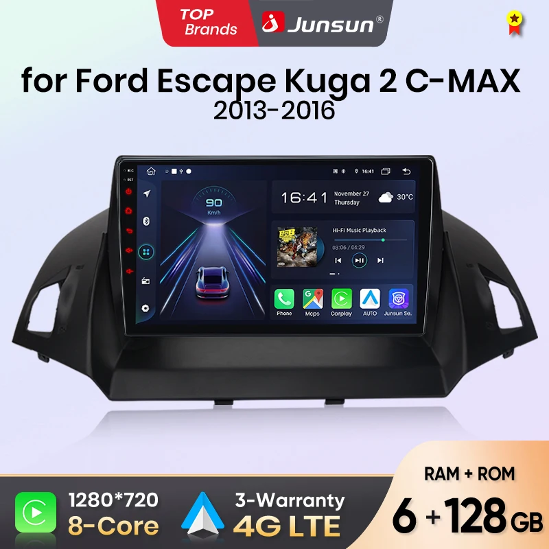 راديو السيارة اللاسلكي CarPlay أندرويد من Junsun لسيارة Ford Escape Kuga 2 C-MAX 2013-2016 أنظمة ذكية DSP SWC RDS GPS FM BT #1