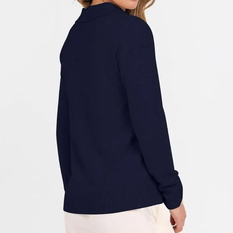 652F Women's Everyday Stretch Knit Lapel V Neck Shirt Soft Long Sleeve Top Color Loose Fit Pullover Sweater Shirt