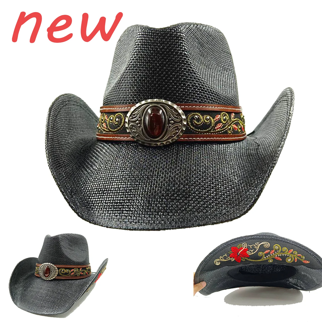 2024 New Black Cowboy Straw Hat New Accessories Men's and Women's Summer Beach Sun Hat Retro Curly Cowboy Hat sombrero mujer