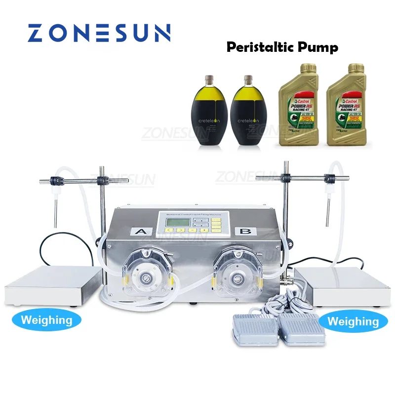 

ZONESUN 2 Heads Semi-Automatic Perfume Essential Oil Eye Drops Liquid Bottle Peristaltic Pump Weighing Filling Machine