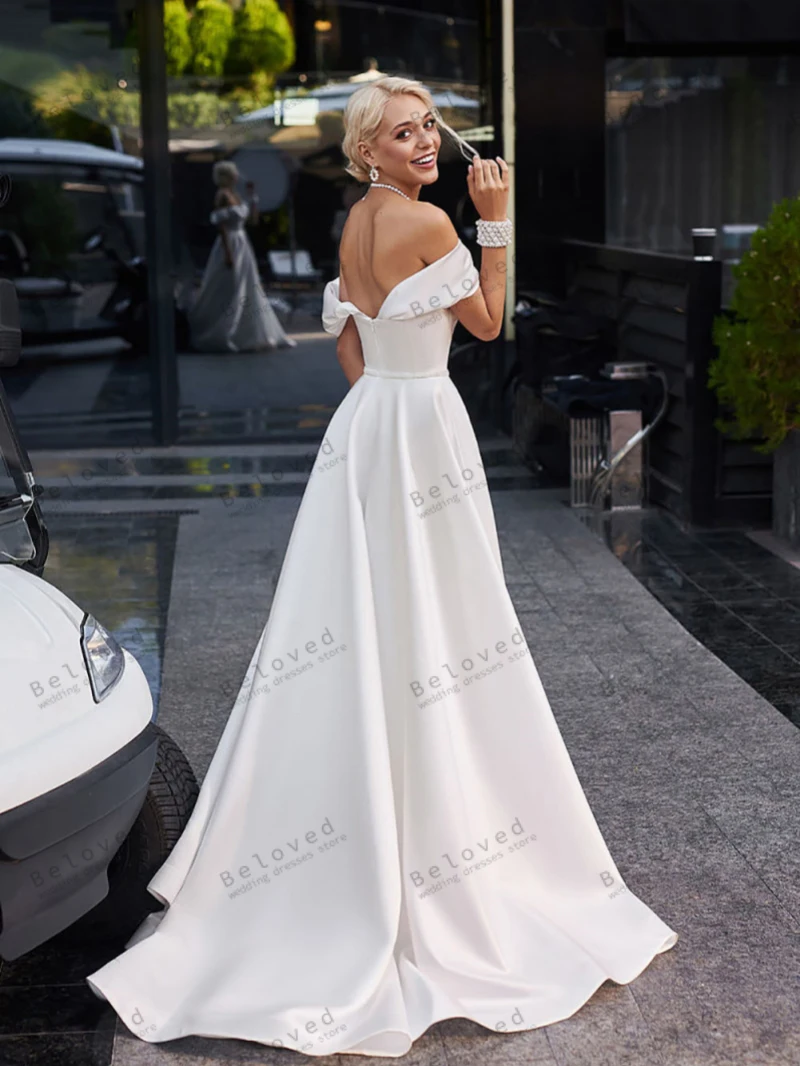 Simple Wedding Dresses Graceful Bridal Gowns Off The Shoulder Robes A-Line Satin Boat Neck Backless Modern Vestidos De Novia