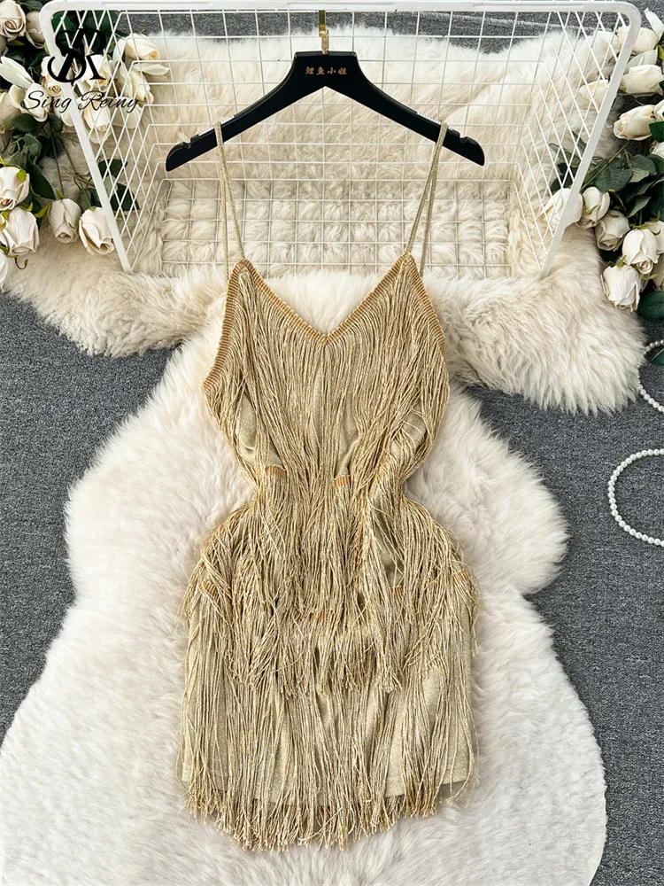 

SINGREINY 2024 Sensual Backless Tassel Camis Dress Sleeveless Skinny Club Dress Women Fashion Short Sequined Party Sexy Dress