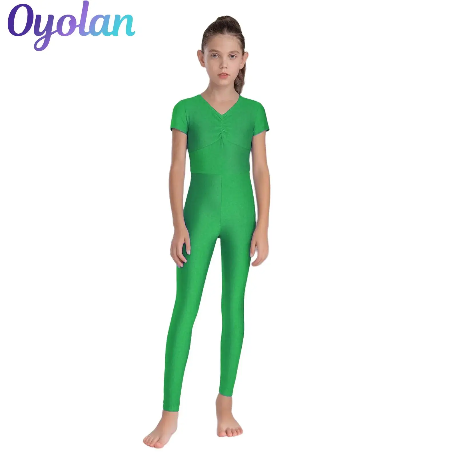 

Kids Girls Gymnastics Full Body Leotard Ballet Dance Performance Costume Ruched Back Invisible Zipper Figure Skating Jumpsuit