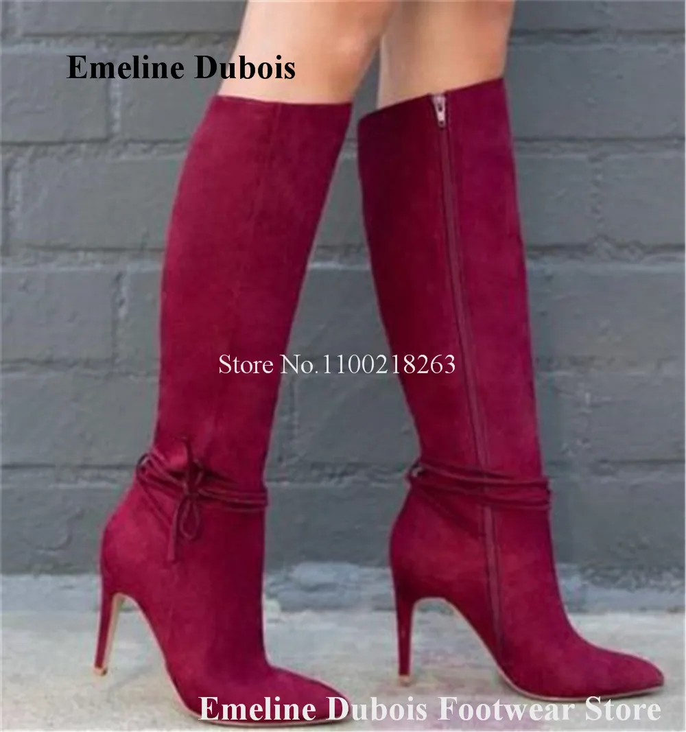 

Elegant Knee High Boots Emeline Dubois Women Pointed Toe Wine Red Black Suede Stiletto Heel Ankle Straps Long Boots Dress Heels