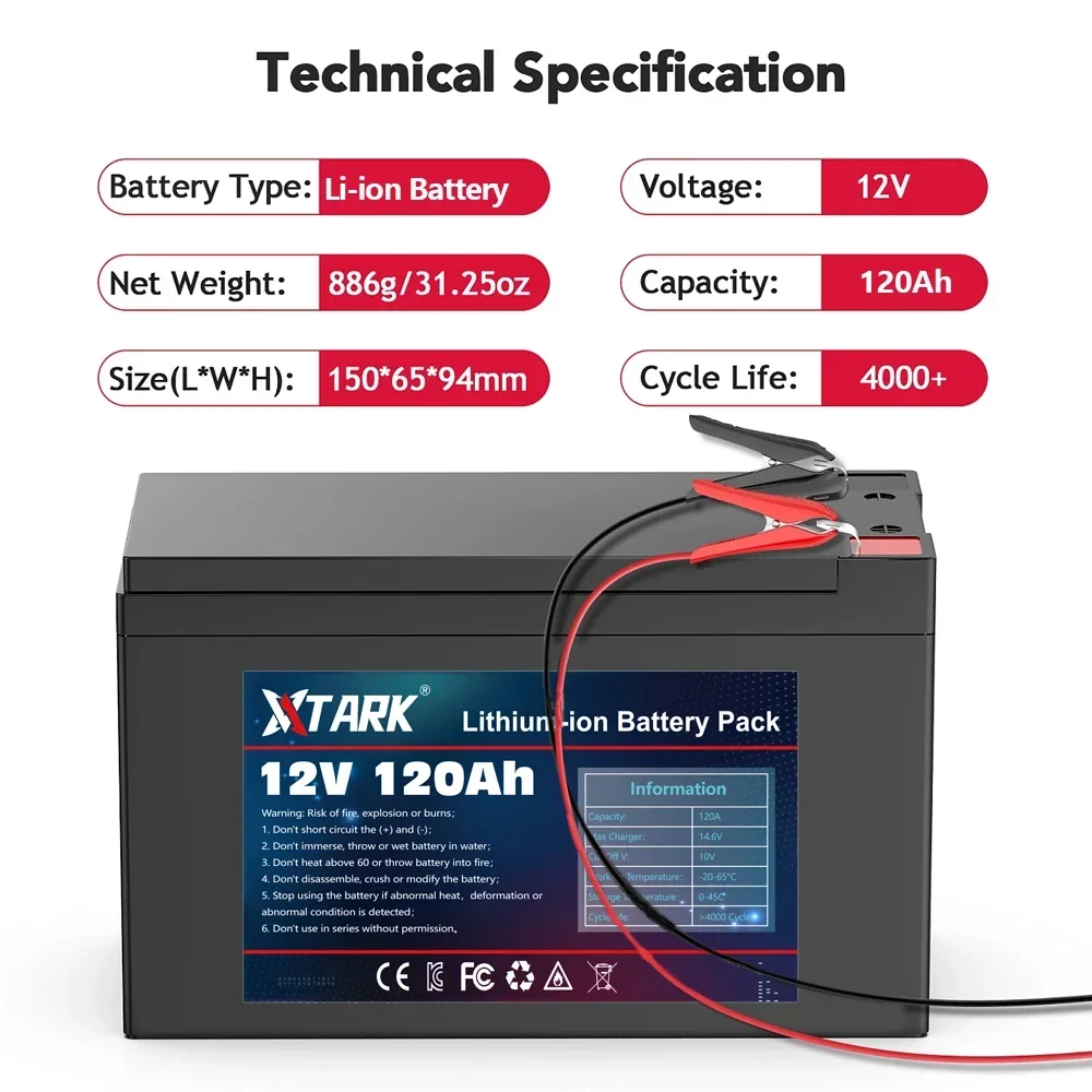 Upgraded 12v 120Ah 18650 Li Ion Battery Electric Vehicle Lithium Battery Pack 9V- 12V 150000mAh Built-in BMS 80A High Current