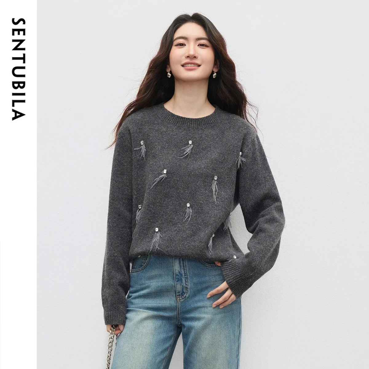 SENTUBILA Women Gray Wool Blend Sweater 2026 Ladies Knitwear Loose Fit Thick Warm Knit Top Crystal Feather Decoration W54EE3878