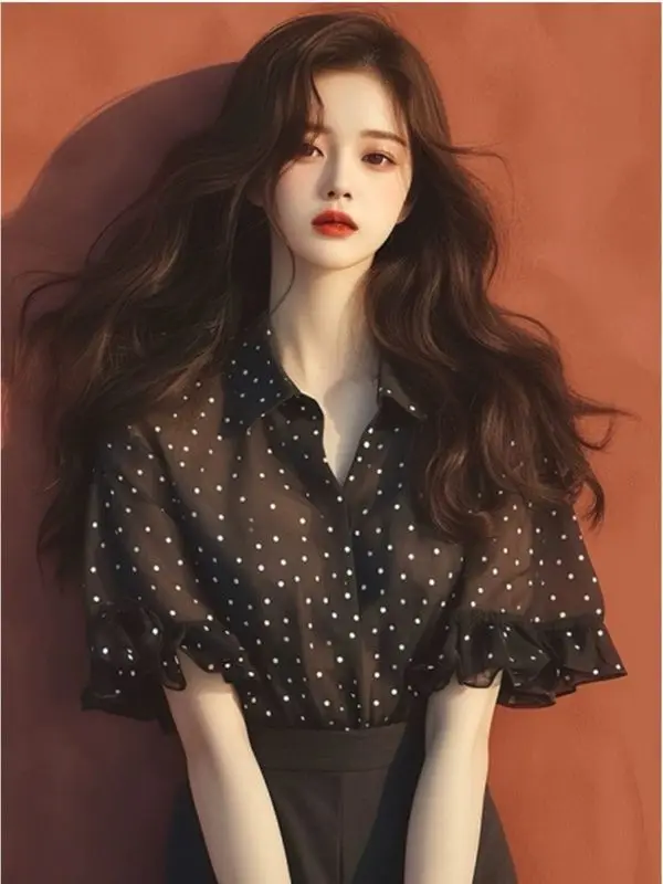 

Новый высококачественный темпераментный топ, шифоновая рубашка с короткими рукавами, черный горошек и оборки, женская