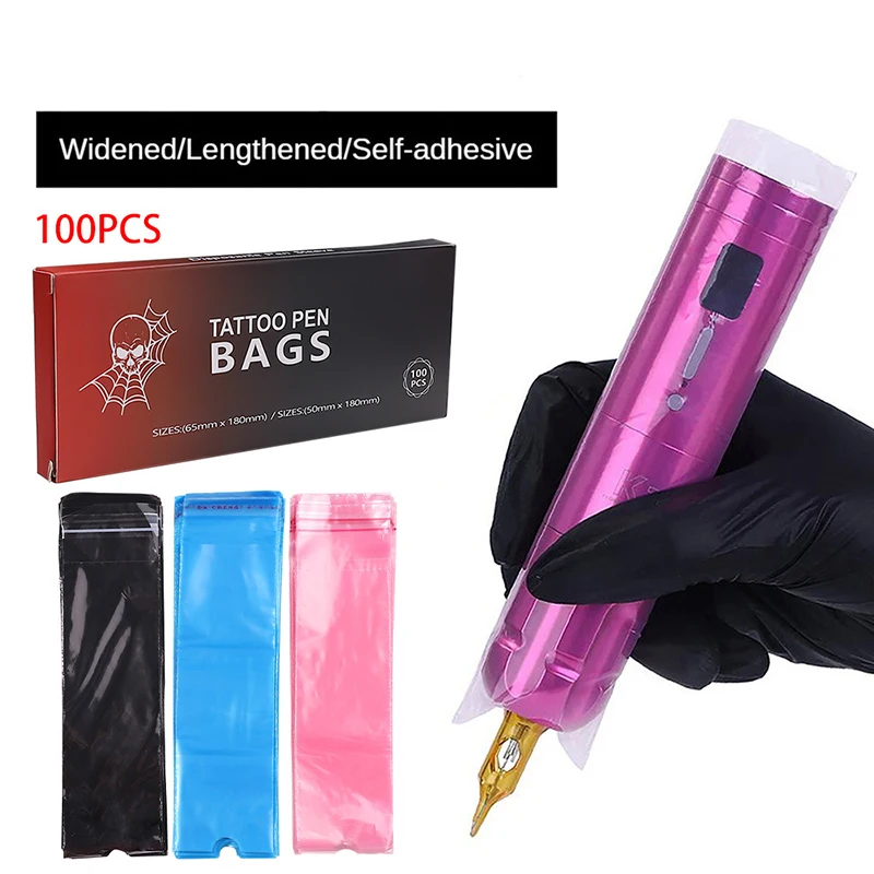 100pcs Big Size Tattoo Pen Bags Tattoo Pen Machine Sleeve Covers Black Blue Self-adhesive Sleeves Tattoo Accessories