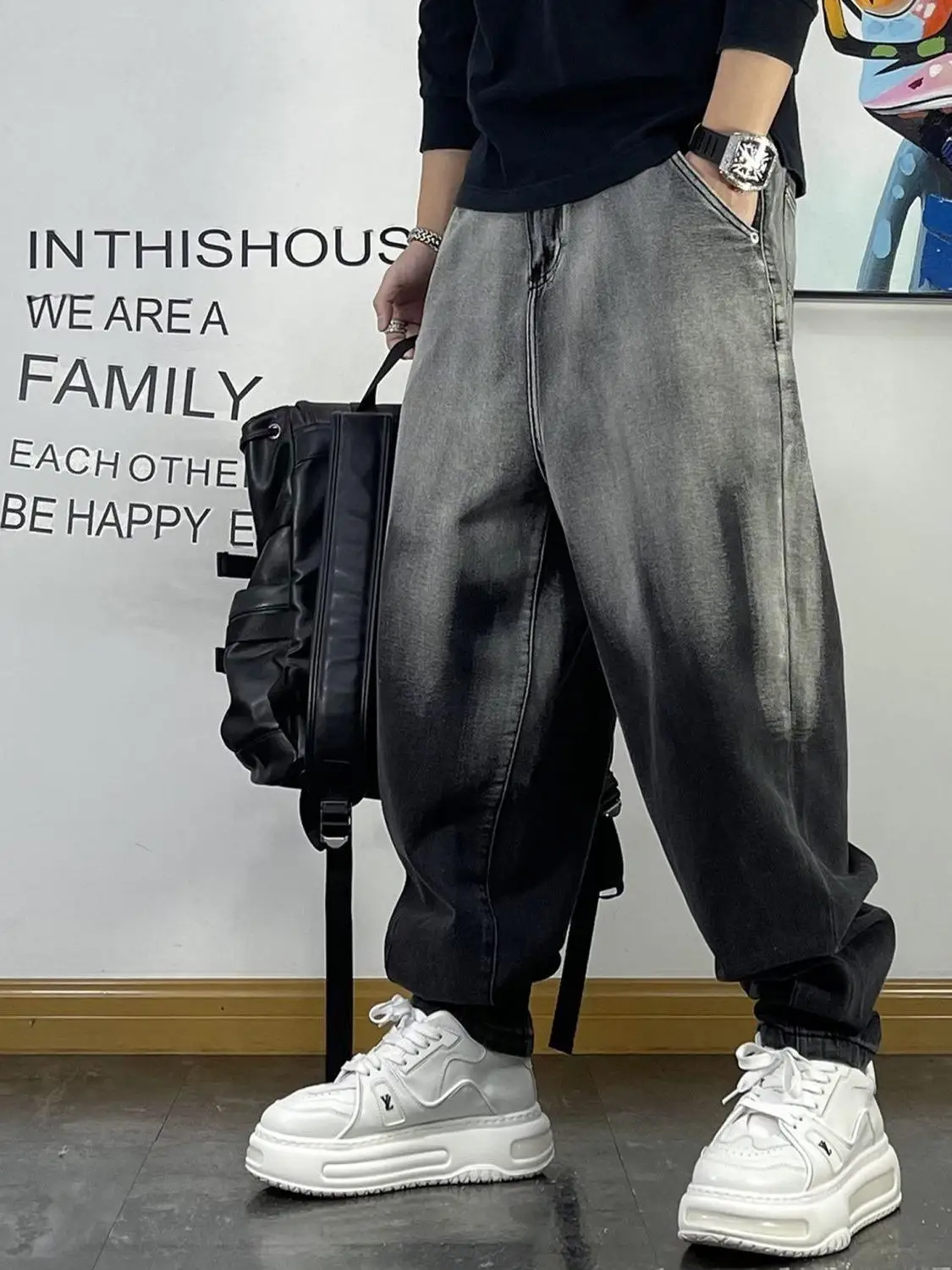 

plus Size 300 Pou Hong Kong Sle Waed adient Color Jeans Loose American Retro Harlan Pants for Men And Women